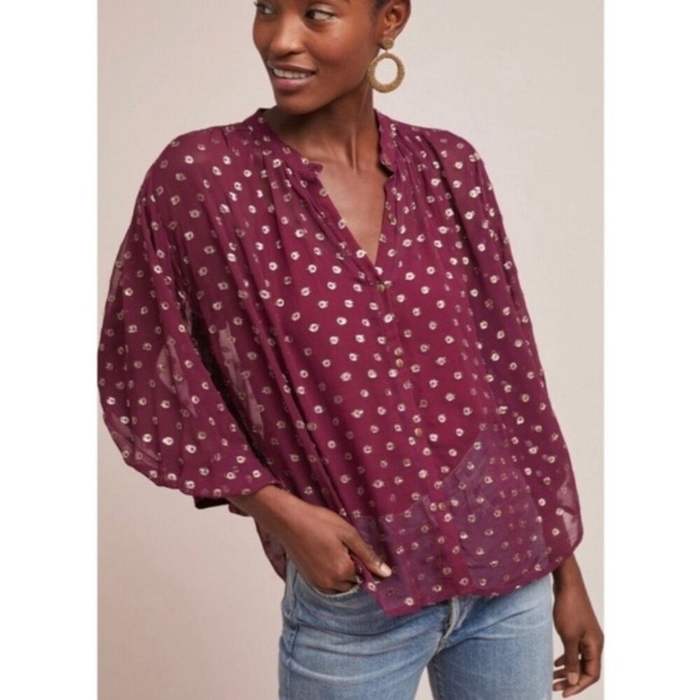Moulinette Soeurs by Anthropologie Allegra Blouse Burgundy with Gold Foil Size M